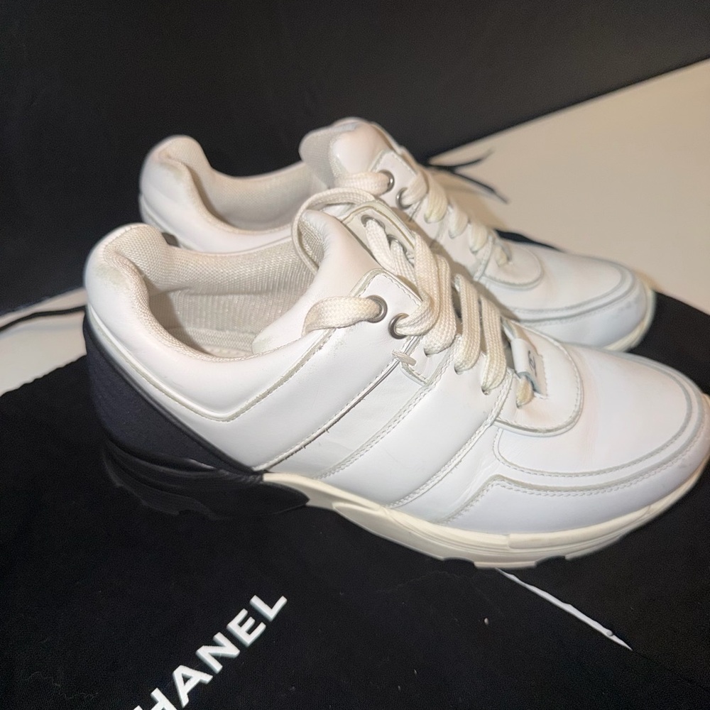 CHANEL White and Black Sneakers